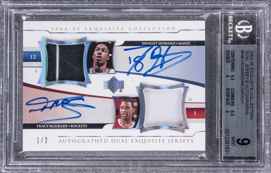 2004-05 UD "Exquisite Collection" Dual Jerseys Autographs #HM Dwight Howard/Tracy McGrady Dual Signed Game Used Patch Card (#1/2) – BGS MINT 9/BGS 8